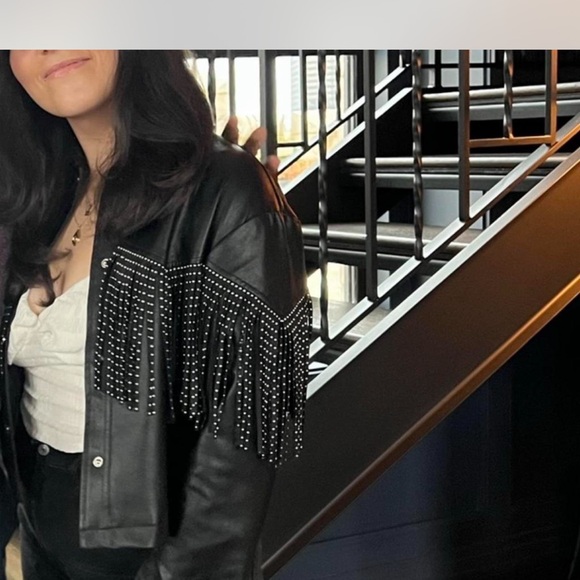 Studded Black Fringe Leather Jacket - Picture 3 of 3